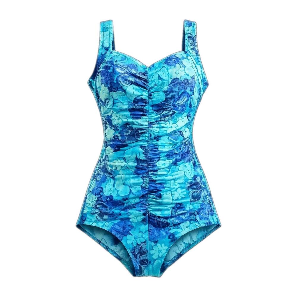 Vintage Y2K Teal Blue Floral Allover Print One Piece Swimsuit Women’s Large 12